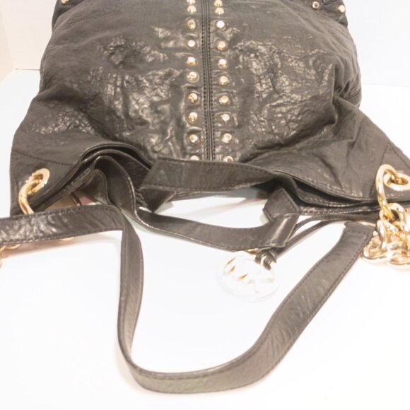 MK MICHAEL KORS Astor Uptown Black Textured Leather Bag Gold Studs Chunky Chain - Picture 11 of 15